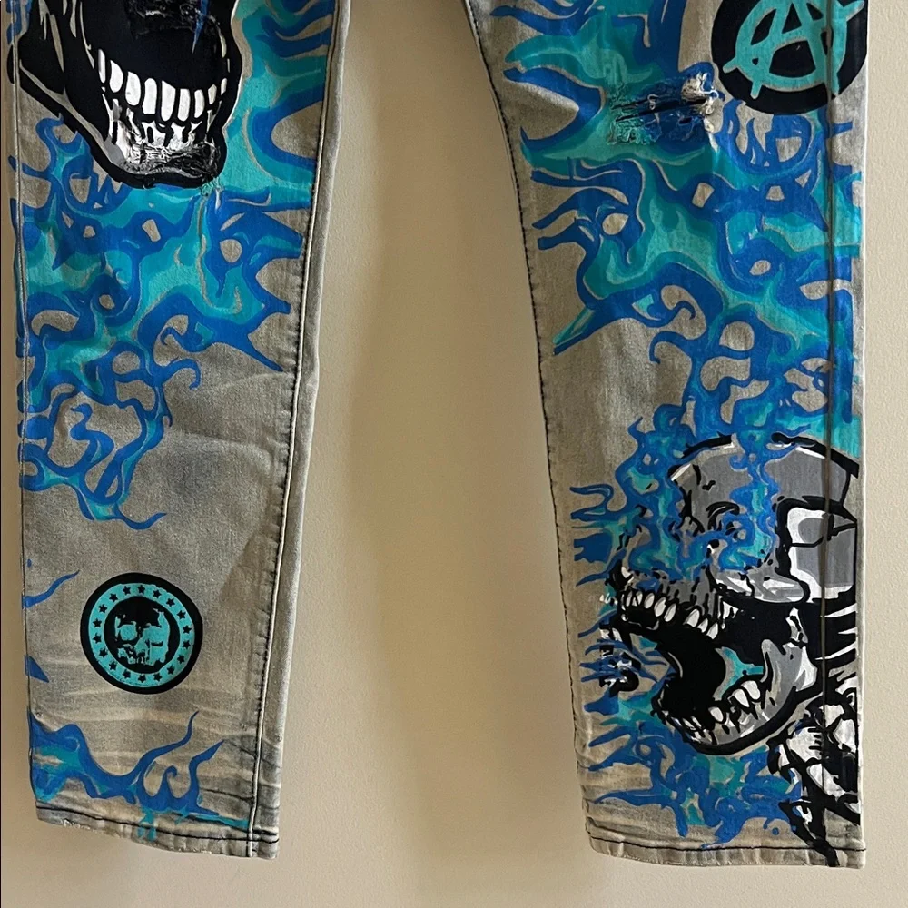 D’ANDIJIESHEN Men's Graphic Jeans  Blue and Black Design Size 34 New With Tags - Picture 4 of 10